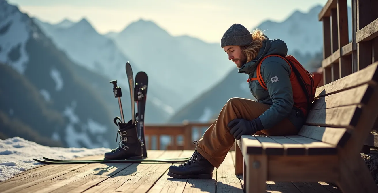 Skieur ajustant ses chaussures sur une terrasse ensoleillée avec vue sur les pistes