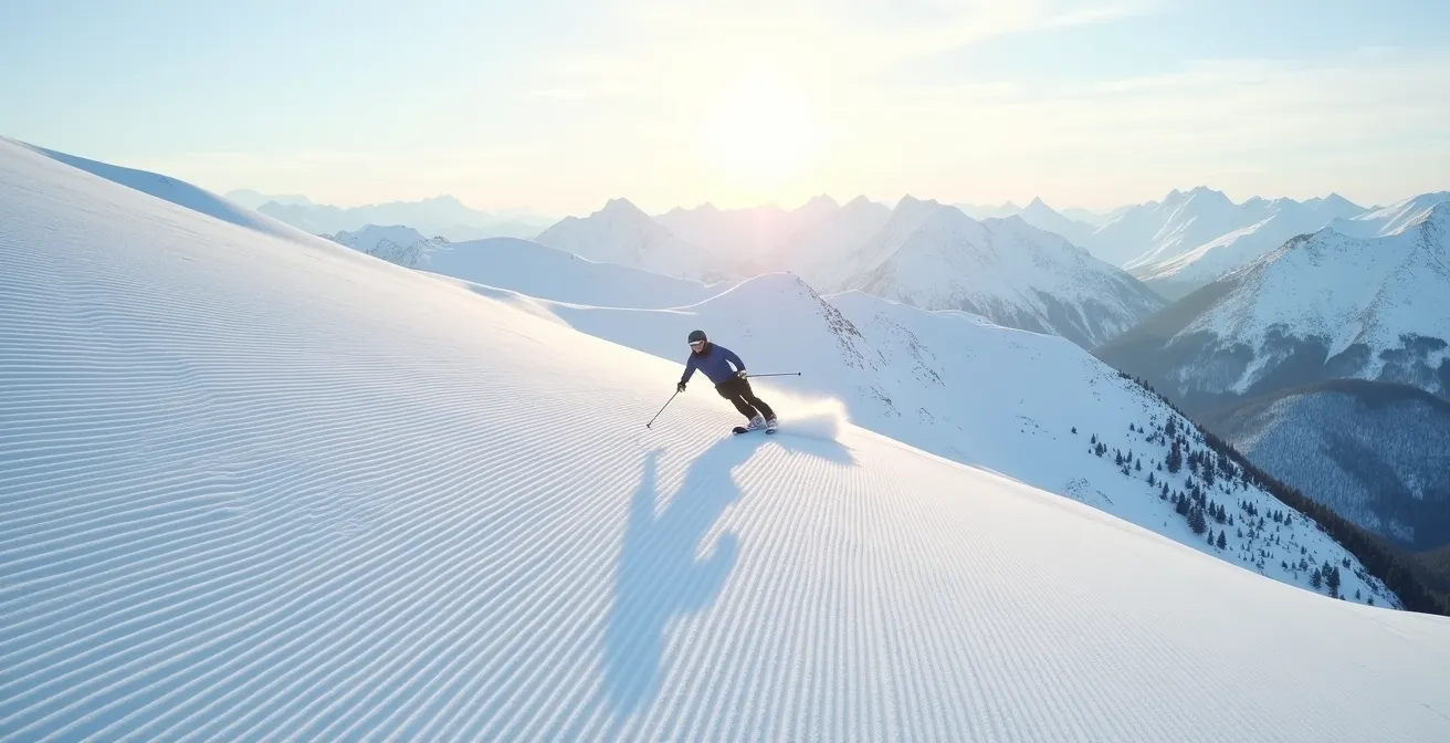 Skieur solitaire sur une piste parfaitement damée dans un petit domaine skiable avec vue panoramique