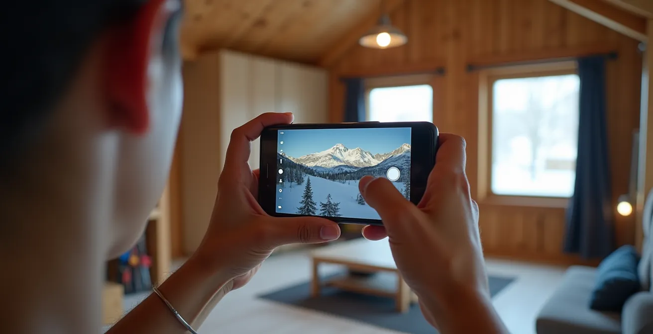 Mains tenant un smartphone photographiant l'intérieur d'un chalet de montagne