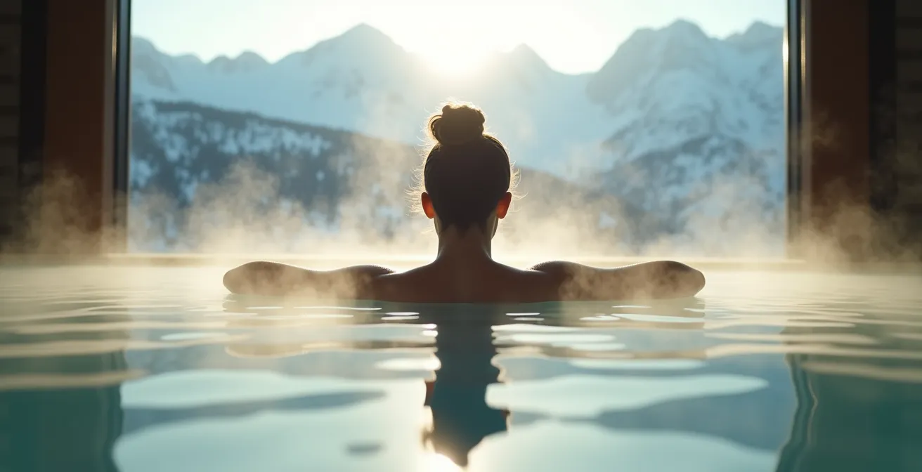 Vue intérieure d'un spa avec vapeur d'eau chaude et fenêtre donnant sur paysage enneigé
