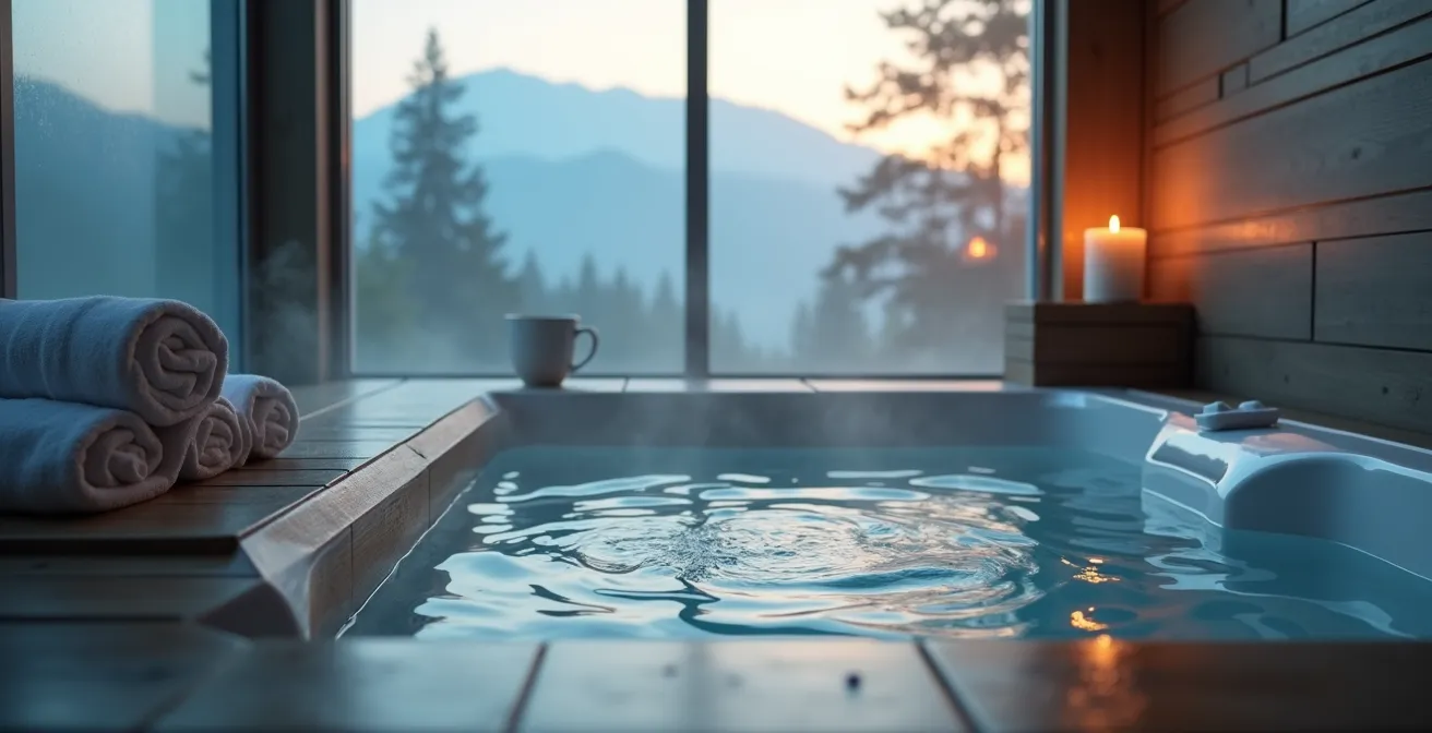Spa vide le matin avec vapeur douce s'élevant du jacuzzi et lumière matinale filtrant par les fenêtres