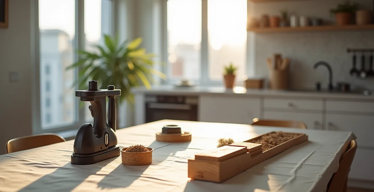 Installation de fartage compacte sur table de cuisine avec protection et outils écologiques