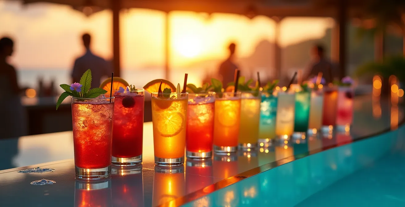 Bar élégant de village vacances avec cocktails colorés et ambiance festive mesurée