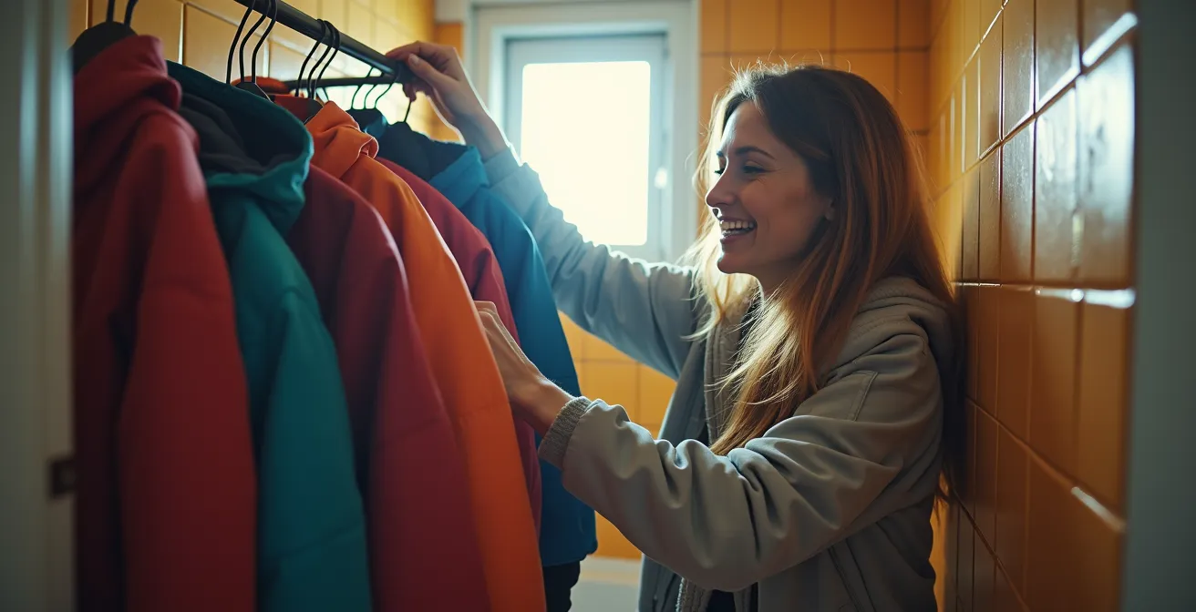 Système de séchage ingénieux pour équipements de ski dans une petite salle de bain avec ventilation