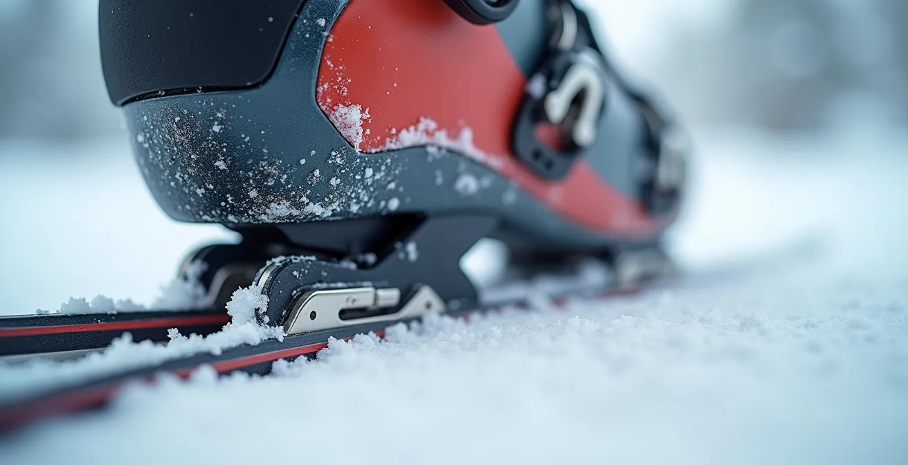 Gros plan sur les fixations de ski lors du chaussage en pente avec technique d'ancrage