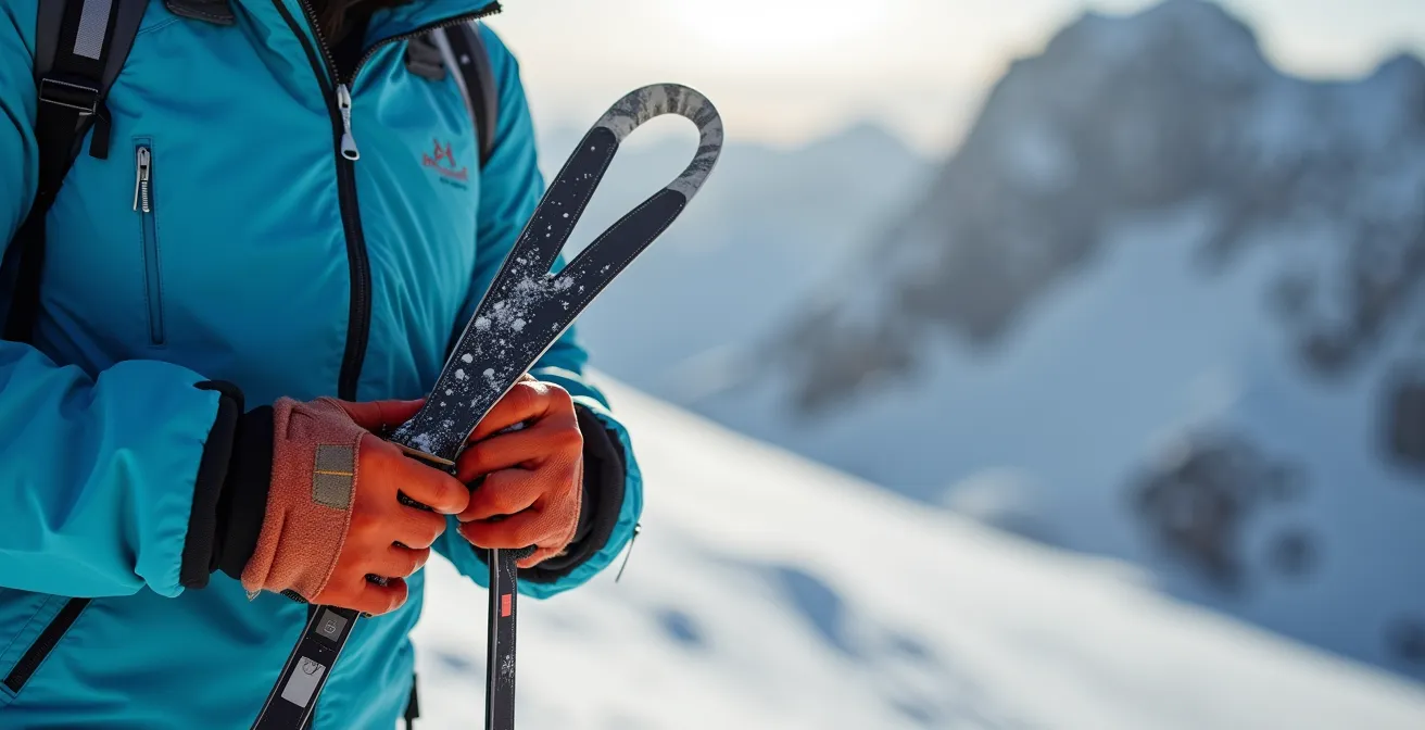 Skieur utilisant son corps comme paravent pour manipuler ses peaux de phoque