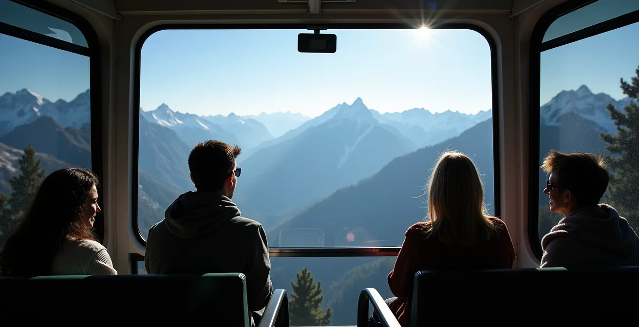 Vue panoramique depuis un téléphérique en été avec randonneurs contemplant les montagnes