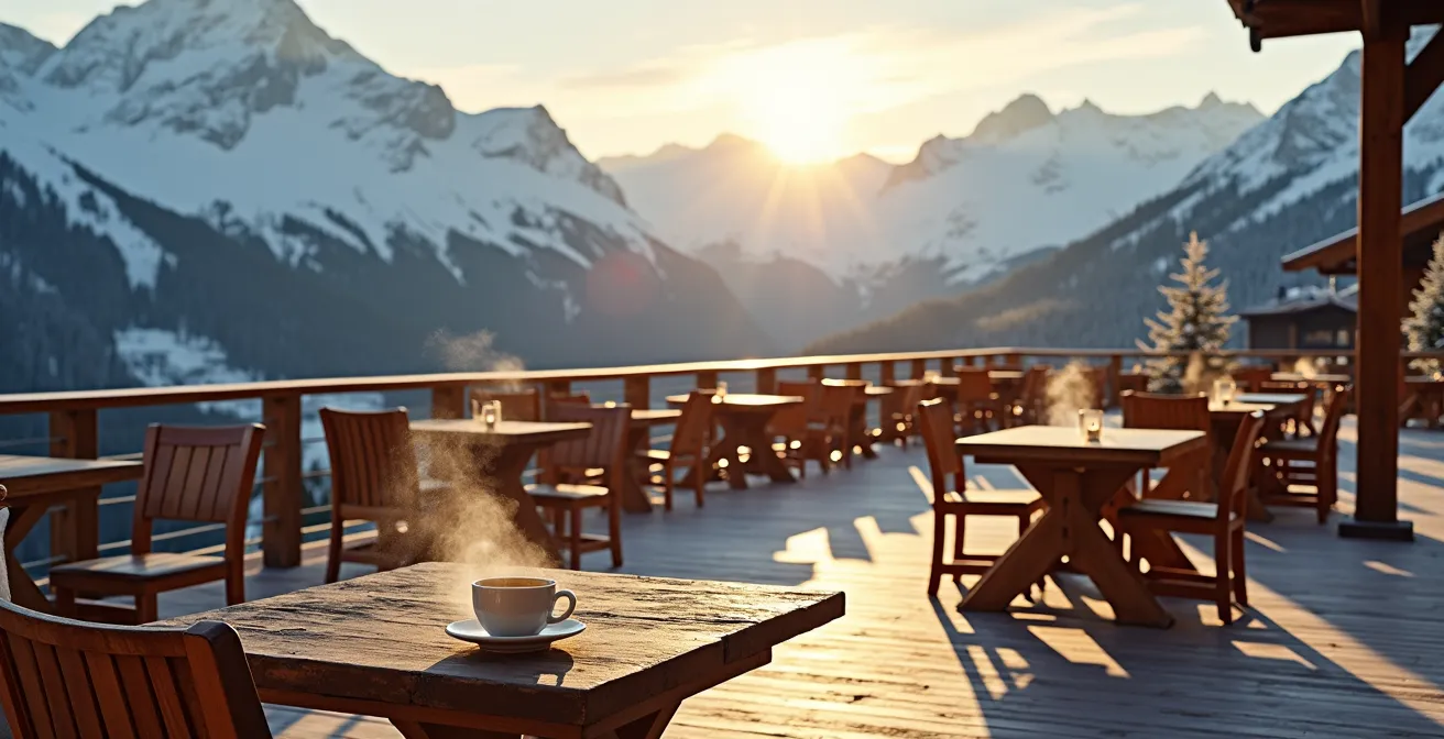 Vue panoramique d'une terrasse de restaurant d'altitude baignée de soleil avec montagnes enneigées