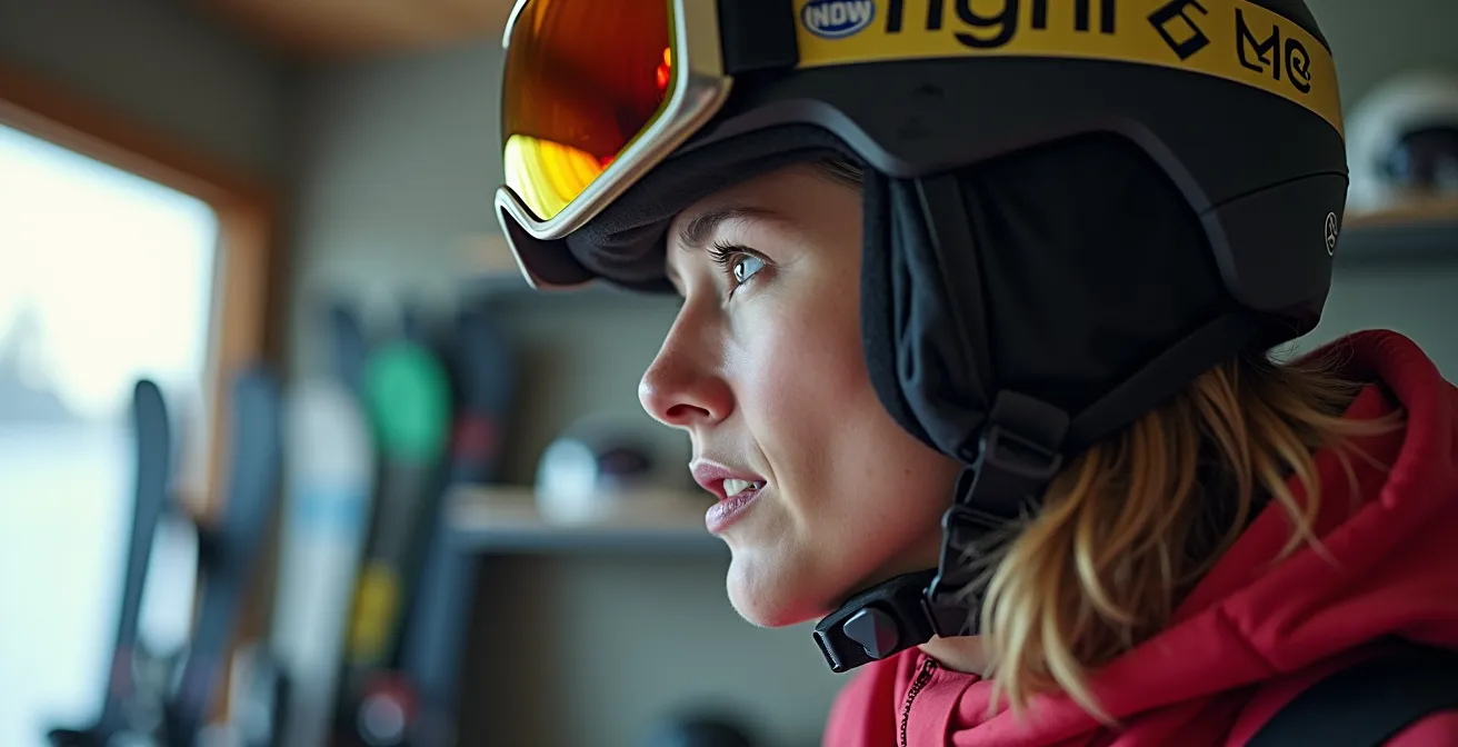 Skieur effectuant le test de secouage de tête pour vérifier l'ajustement du casque