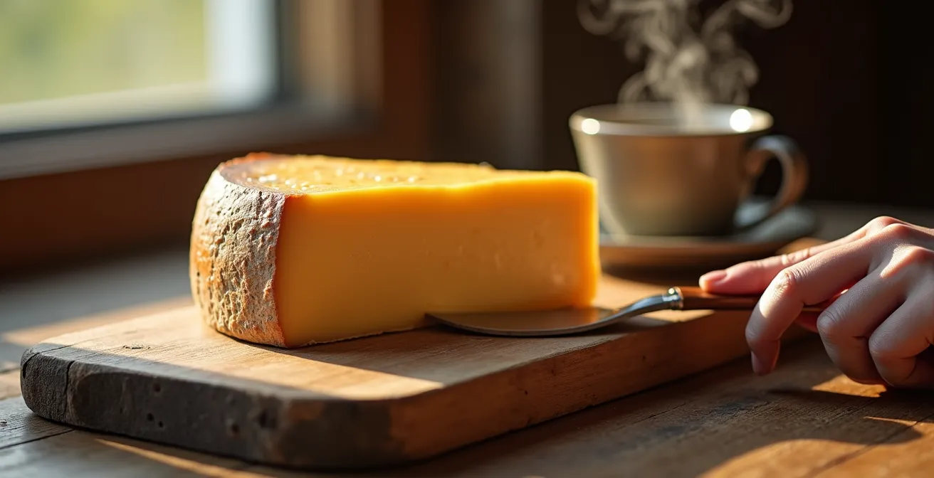 Tomme de Savoie à température de service parfaite sur plateau de bois