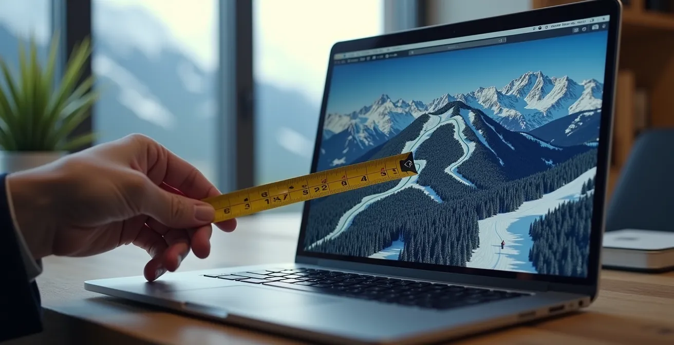 Écran d'ordinateur montrant une carte satellite 3D d'une station de ski avec des mesures de distance