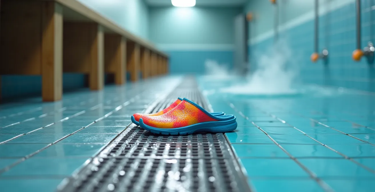 Sol de vestiaire moderne avec caillebotis et système de drainage visible