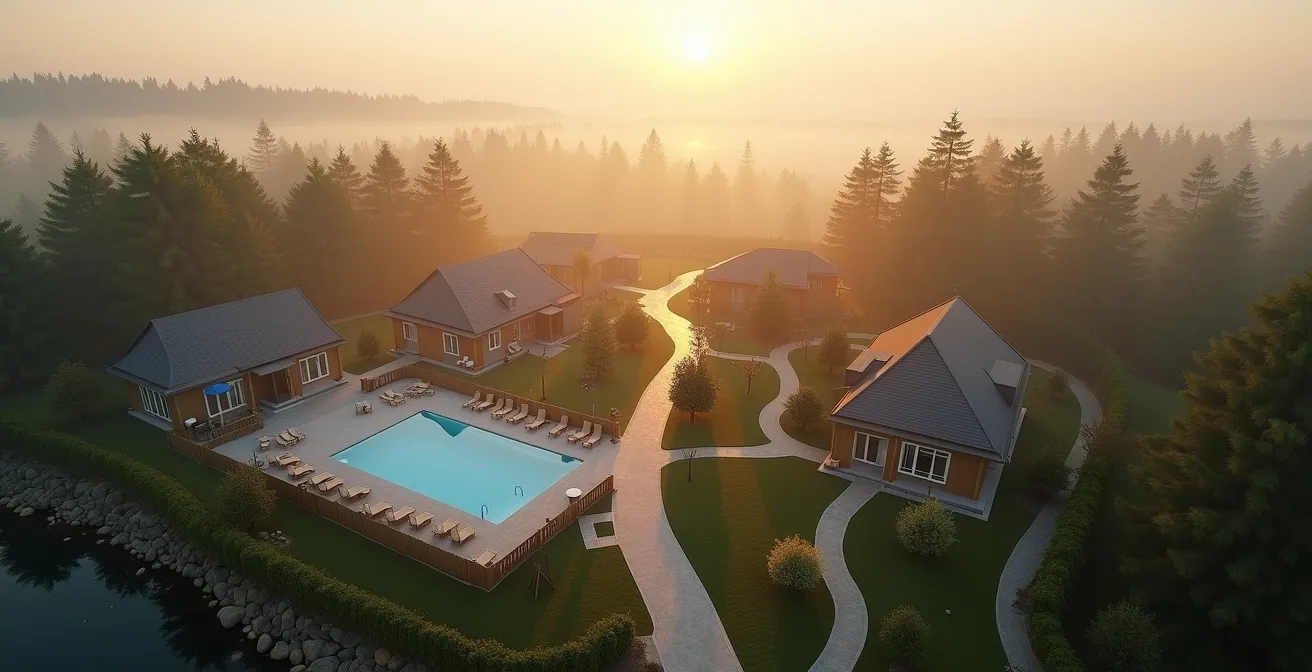 Vue aérienne d'un village vacances montrant les différentes zones d'activités et de calme