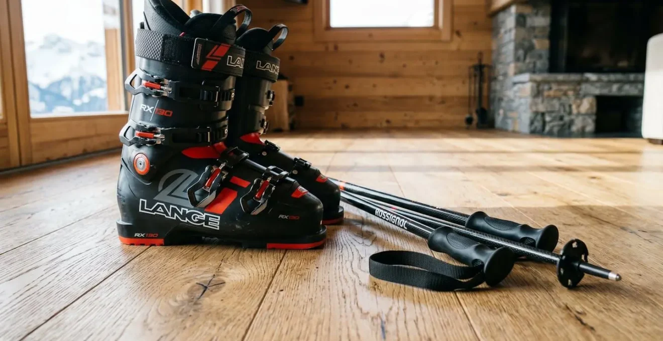 Gros plan sur des chaussures de ski noires professionnelles posées à côté de bâtons en aluminium, sur un sol en bois, lumière naturelle rasante