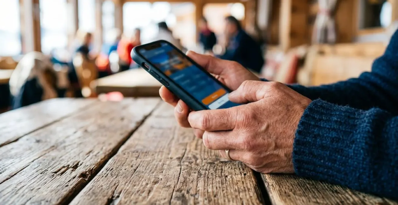 Gros plan sur des mains tenant un smartphone avec écran complètement flouté, posé sur une table en bois massif dans un intérieur chaleureux