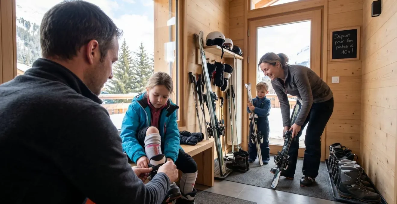 Une famille vue de dos prépare son équipement de ski dans l'entrée spacieuse d'un chalet alpin contemporain aux larges baies vitrées