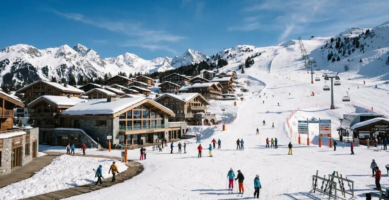 Vue large du front de neige de Courchevel avec plusieurs chalets alpins contemporains et les pistes enneigées en arrière-plan sous une lumière matinale éclatante